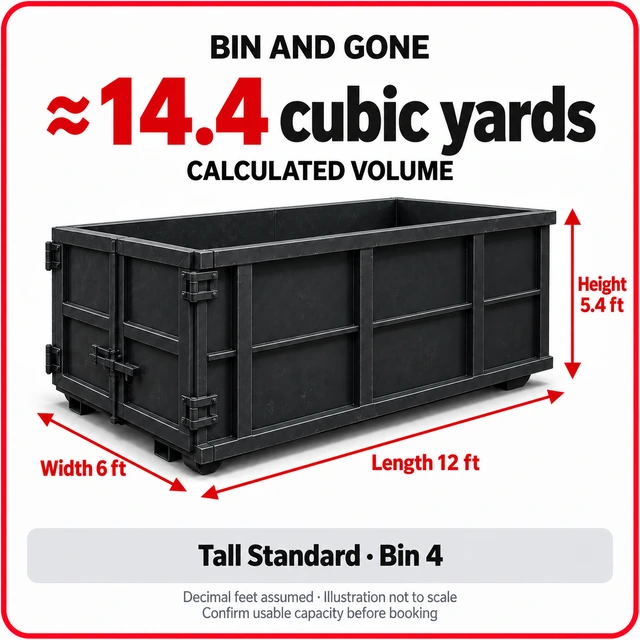 Illustrated tall and narrow bin. Approximate calculated volume: 14.4 cubic yards.