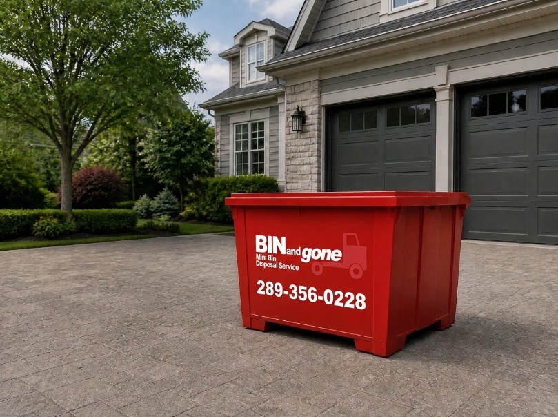 Branded red 14-yard Bin and Gone mini-bin positioned on a residential driveway