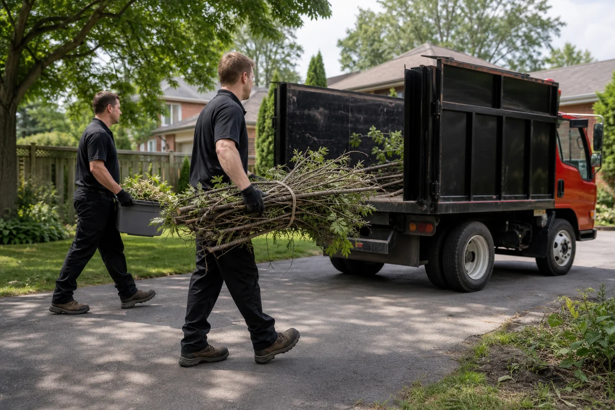 Illustration of two people carrying branches and a planter toward a removal truck.