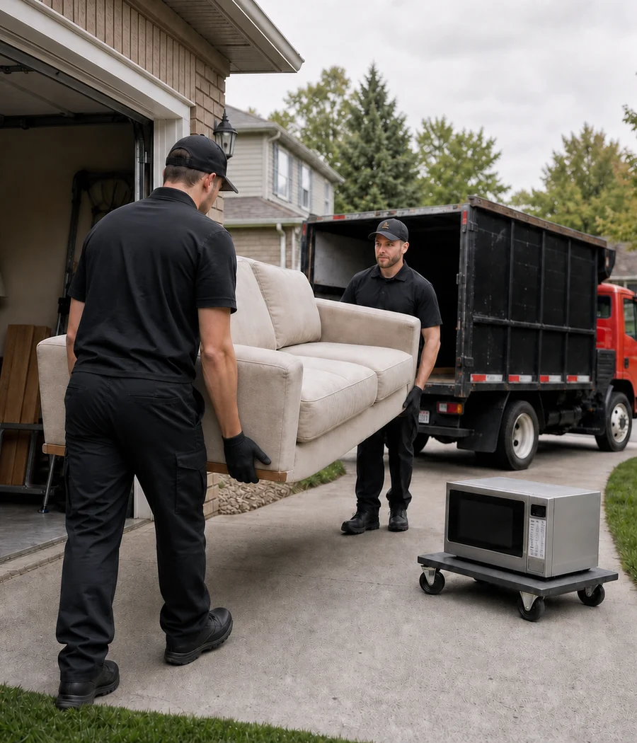 Illustration of two people carrying a sofa outside a garage, with a microwave on a platform dolly.